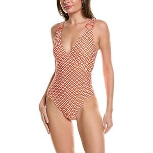 CARMEN MARC VALVO V-NECK SURPLICE ONE PIECE SWIMSUIT ISLAND DIAMOND Sz 14 NWT